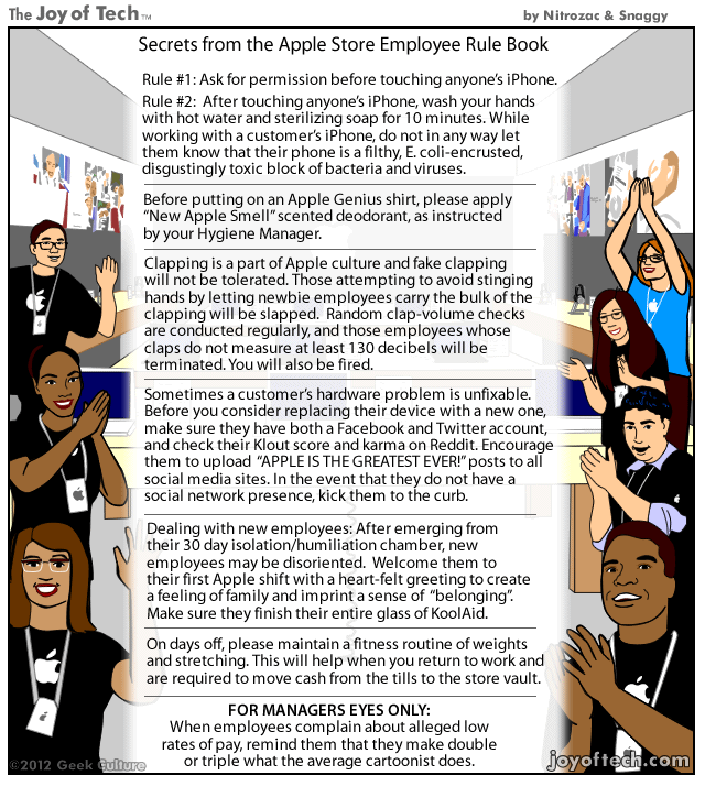 The Joy of Tech comic, Secrets from the Apple Store Employee Rule Book.